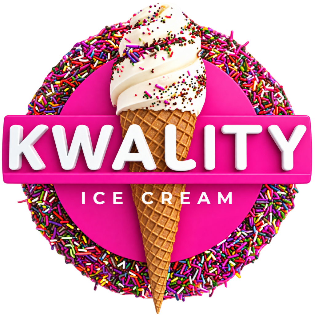 Kwality Ice Cream logo with cone and pink lettering