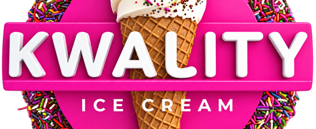 Kwality Ice Cream logo with cone and pink lettering