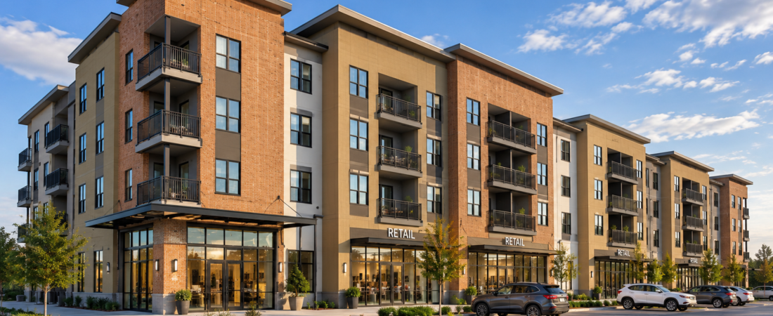 Concept illustration of Lake Forest Senior Living in McKinney with apartments above retail space