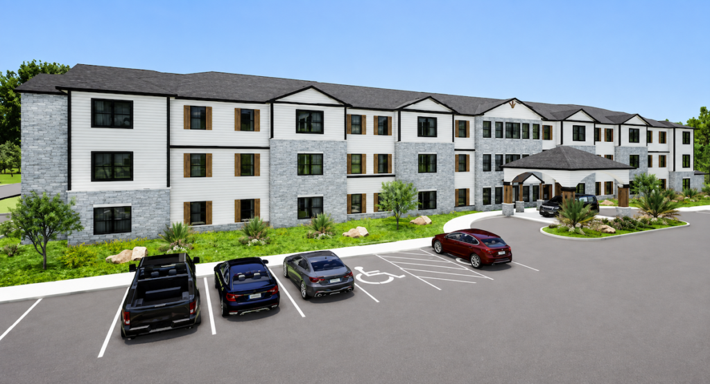 Lantern at Robstown rendering showing a three-story apartment building and covered entrance