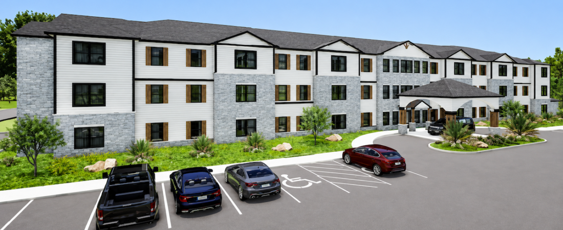Lantern at Robstown rendering showing a three-story apartment building and covered entrance