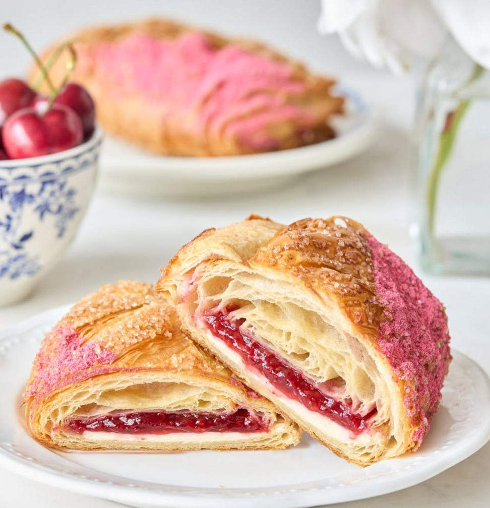 Maman croissant cut open to show red fruit filling and cream beneath flaky pastry layers.