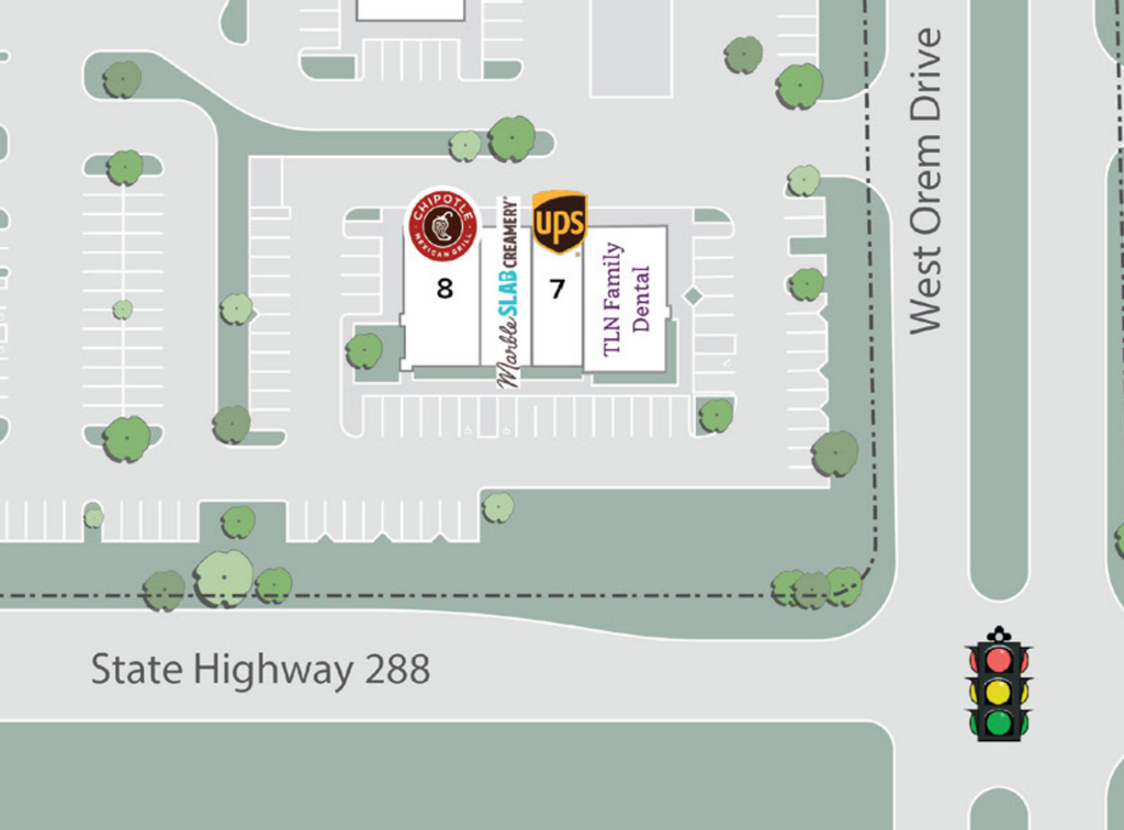 MarbleSlabSitePlan Location where Marble Slab Creamery will be located. Also shows Chipotle, UPS Store, and TLN Family Dental.