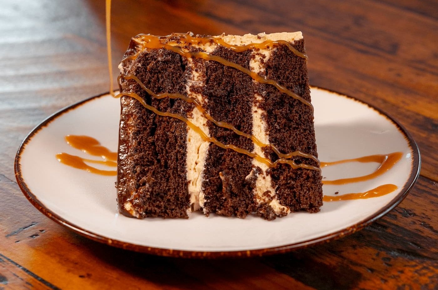 Oak & Stone chocolate layer cake with caramel drizzle