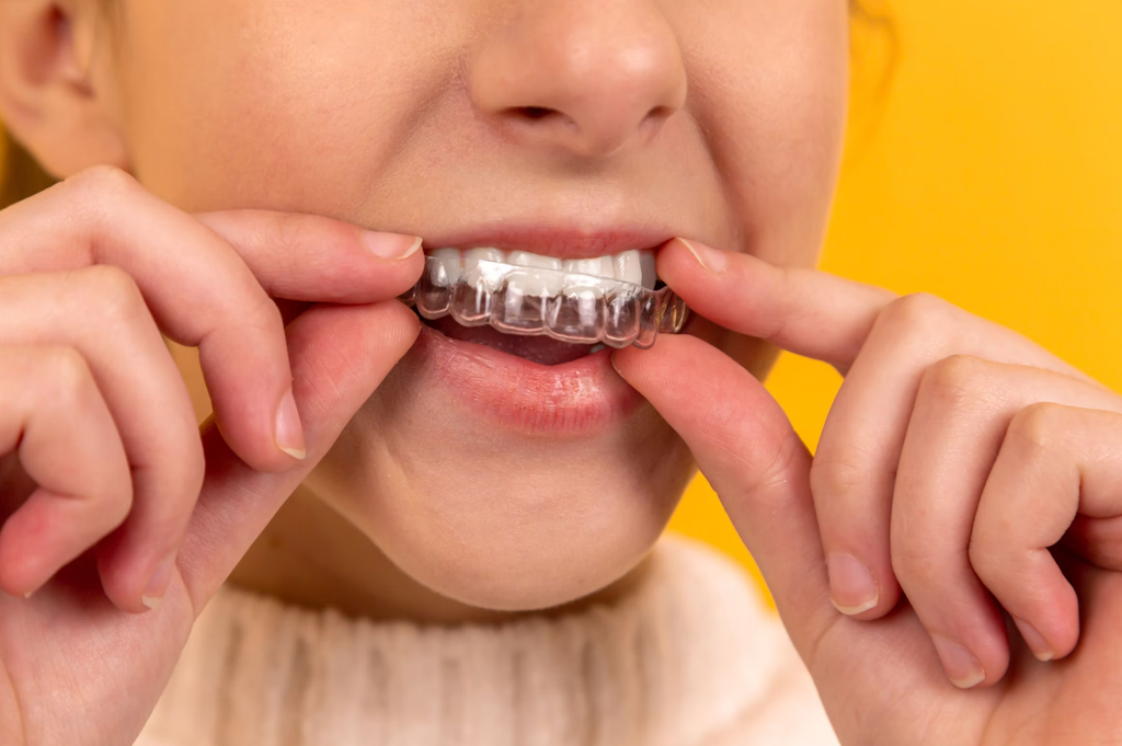 Girl inserting dental retainer with yellow background