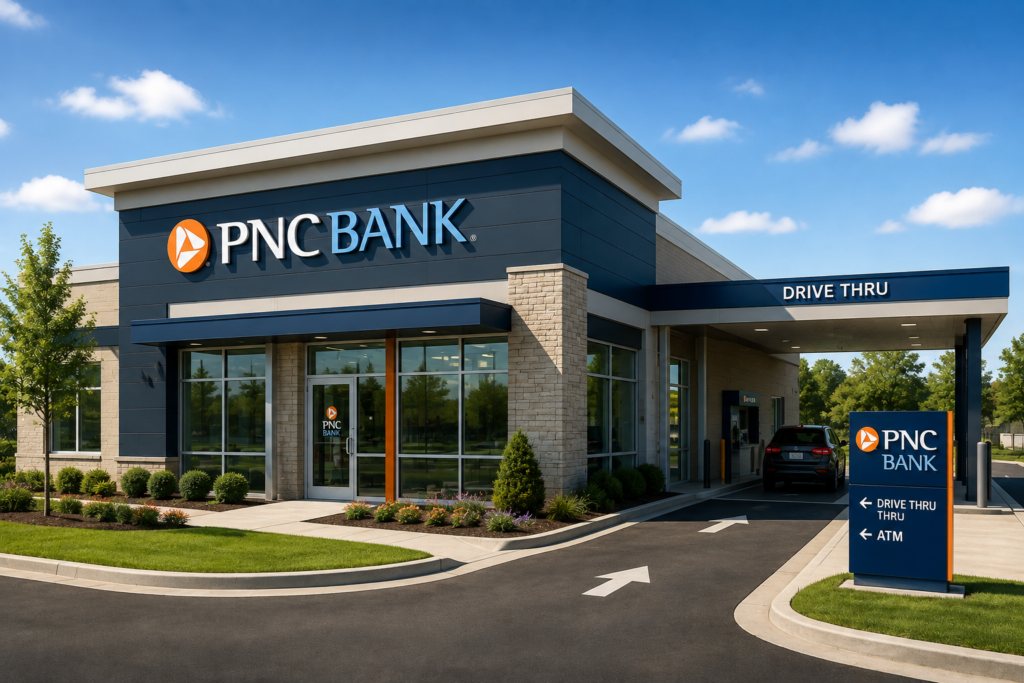 Editorial illustration of a modern PNC Bank branch with drive-thru lanes.