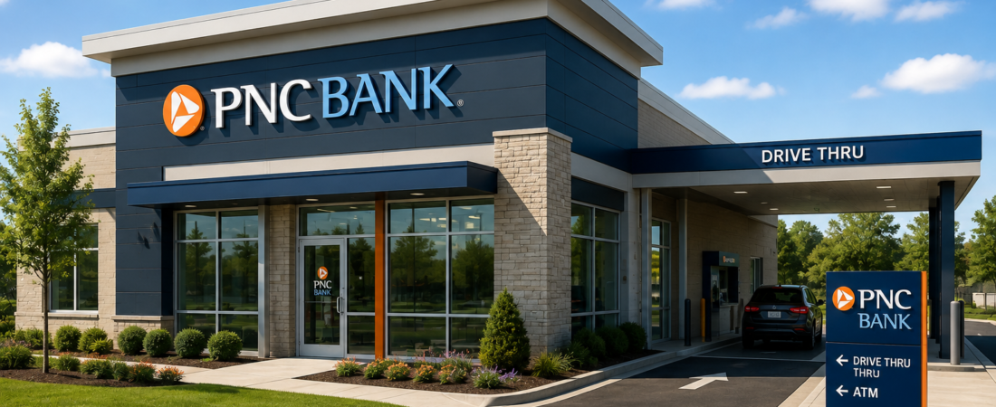 PNC Bank Editorial Illustration Editorial illustration of a modern PNC Bank branch with drive-thru lanes.