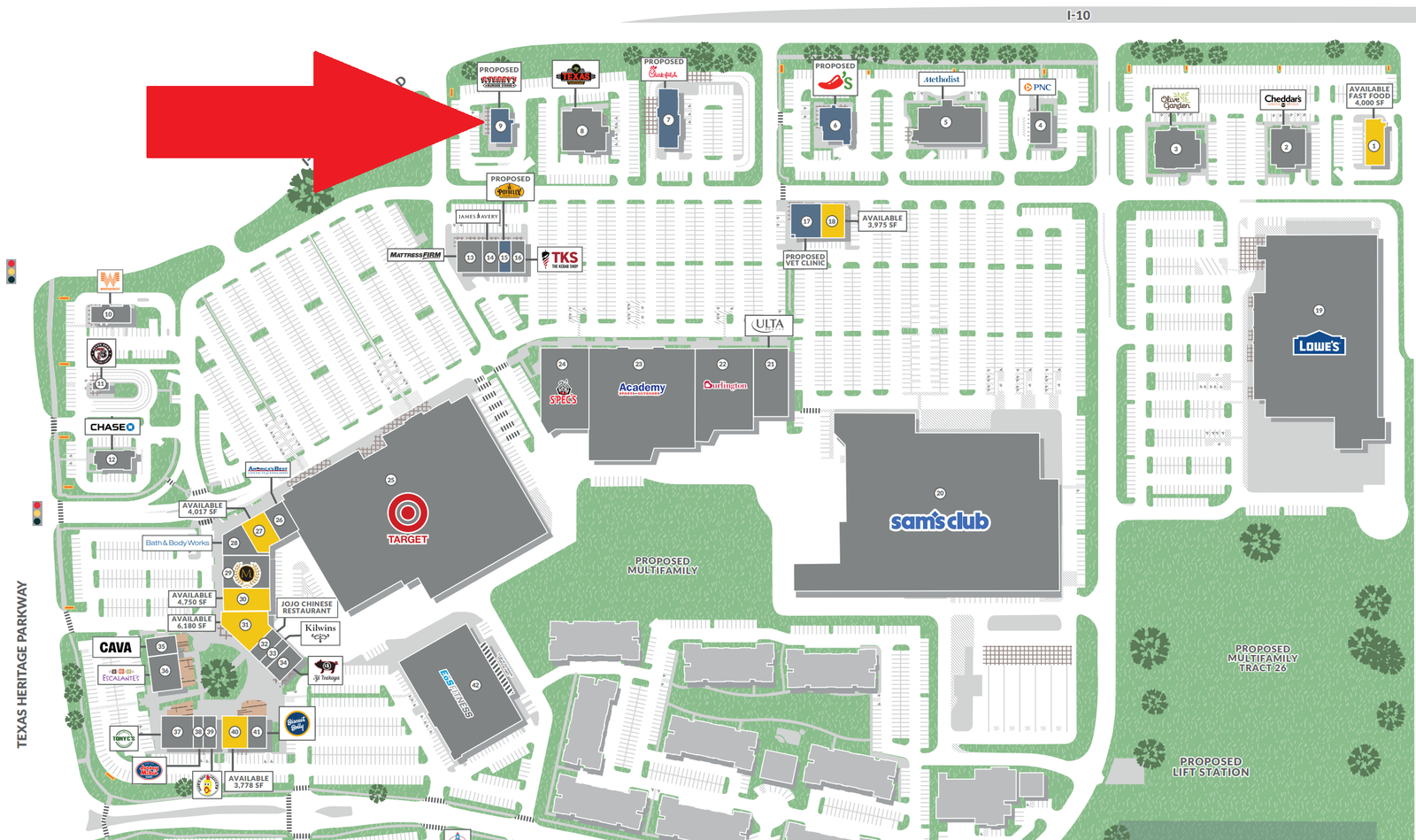 P. Terry’s Texas Heritage Marketplace Site Plan Site plan showing proposed P. Terry’s at Texas Heritage Marketplace beside Texas Roadhouse along I-10