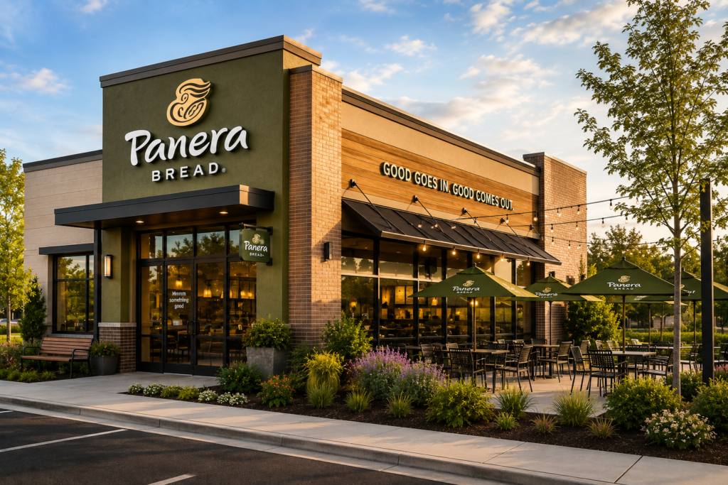 Editorial illustration of a modern Panera Bread bakery cafe.