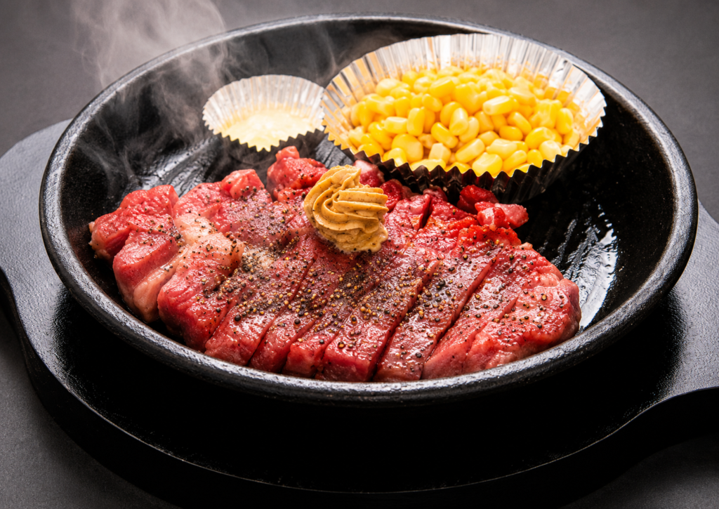 Pepper Lunch sizzling steak with corn and butter on an iron plate