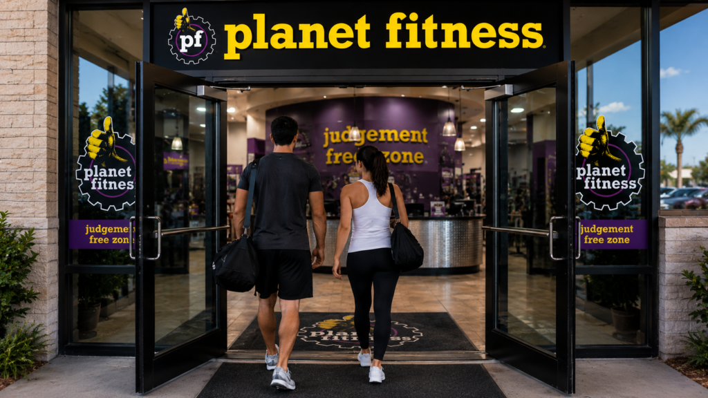 Editorial illustration of customers entering a Planet Fitness gym.