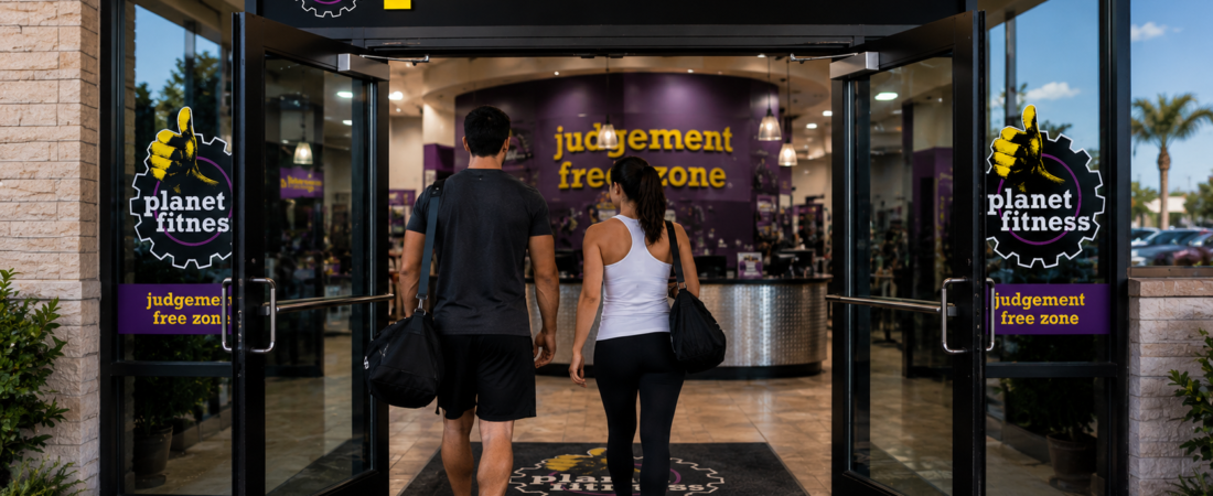 Editorial illustration of customers entering a Planet Fitness gym.