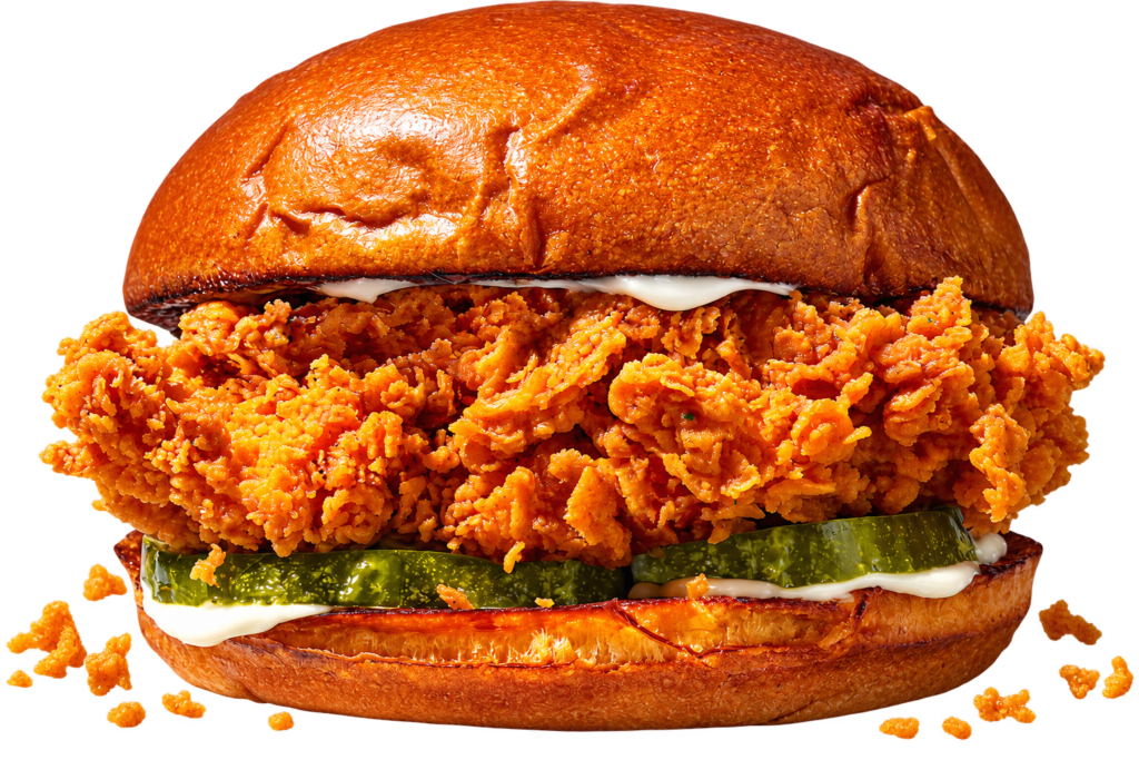 Popeyes crispy chicken sandwich with pickles and sauce.