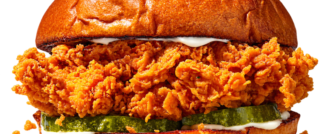 Popeyes crispy chicken sandwich with pickles and sauce.