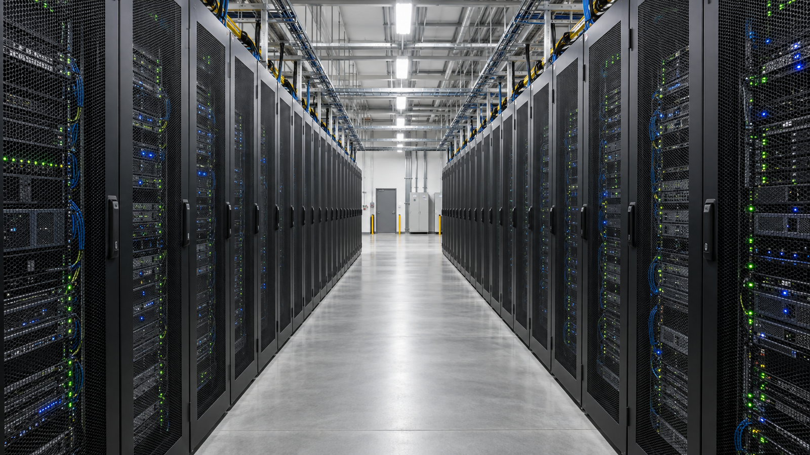 AI-generated illustration of server racks lining a modern data center aisle
