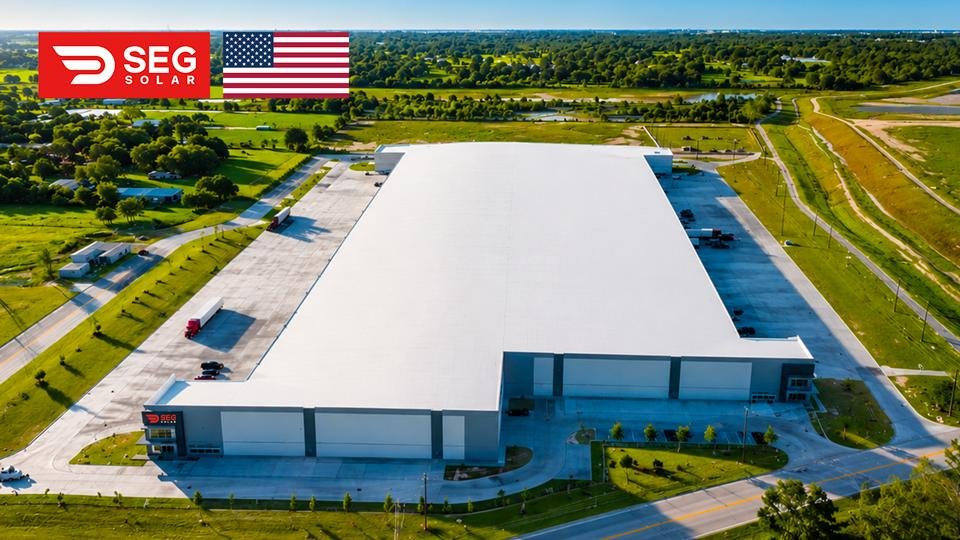 Aerial view of the SEG Solar Tomball #1 manufacturing facility and surrounding grounds
