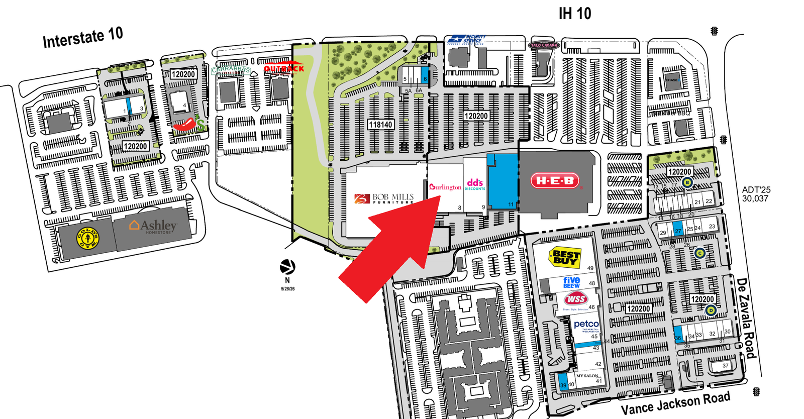 Kimco Realty leasing plan showing planned Burlington at De Zavala beside dd’s DISCOUNTS and Bob Mills Furniture