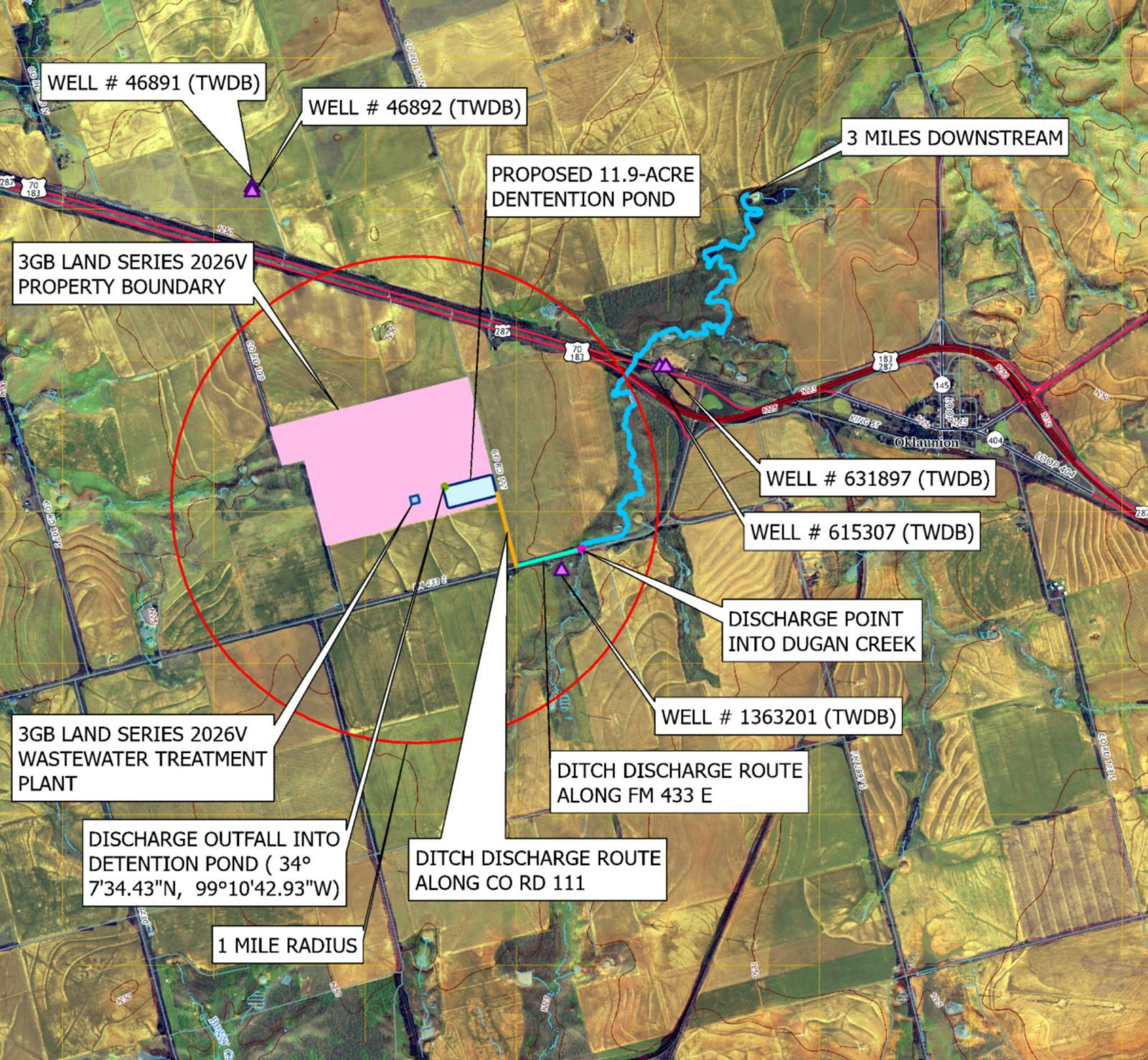 Project Drover wastewater application map showing the property, proposed treatment plant and discharge route near Oklaunion.