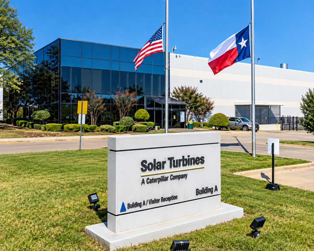 Solar Turbines DeSoto campus entrance with Building A sign and Texas and U.S. flags