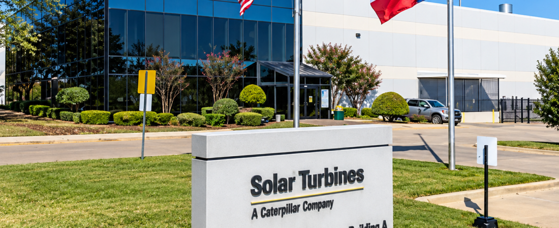 Solar Turbines Sign Solar Turbines DeSoto campus entrance with Building A sign and Texas and U.S. flags