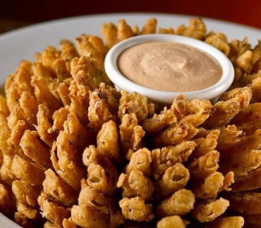 Texas Roadhouse Fried Onion Appetizer Golden fried onion appetizer with dipping sauce at Texas Roadhouse.