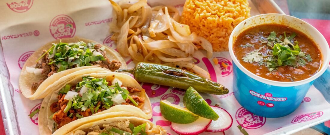 Taco El 24 Menu selections featuring tacos, rice, menudo