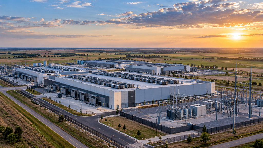 Large data center campus surrounded by Texas landscape