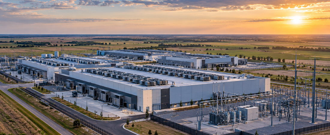 Large data center campus surrounded by Texas landscape