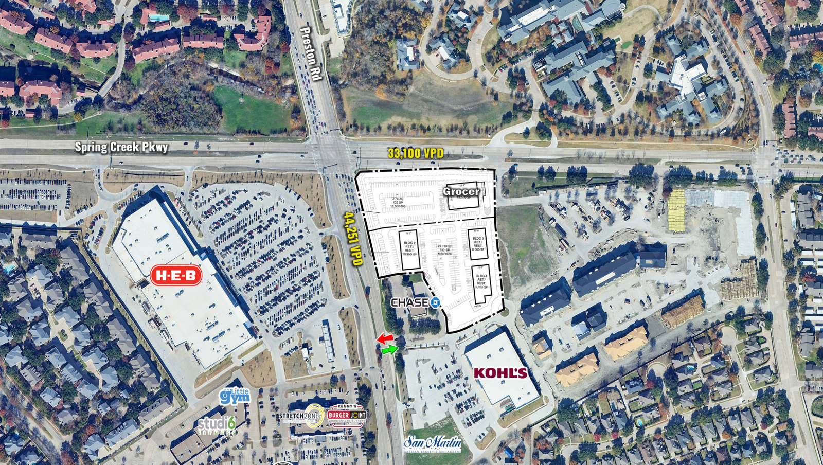 DuWest site plan for Promontory on Preston showing a grocer space near Preston Road and Spring Creek Parkway