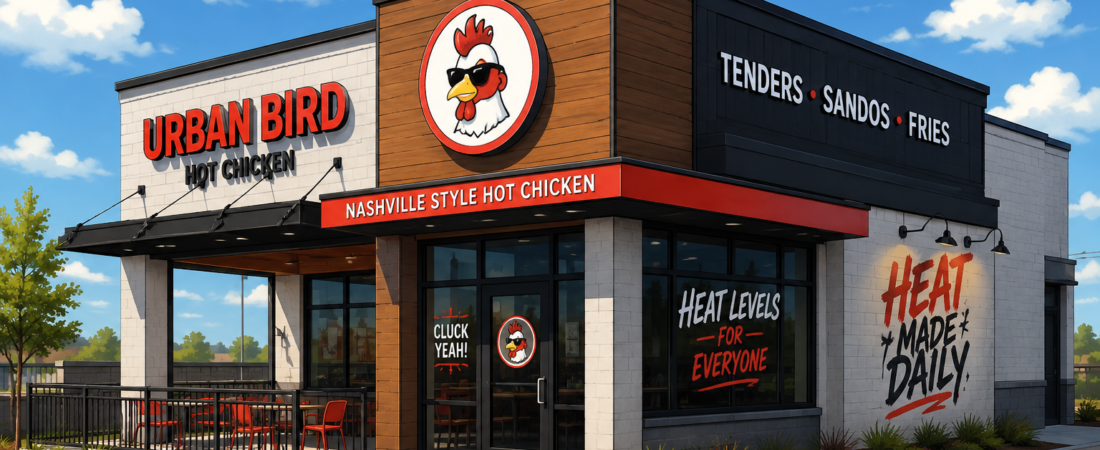 Editorial illustration of an Urban Bird Hot Chicken restaurant.