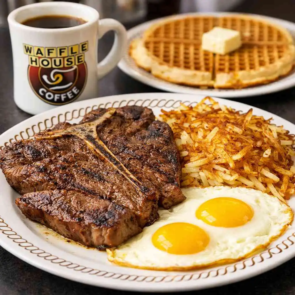 Waffle House breakfast with steak, eggs, hash browns, a waffle, and coffee.