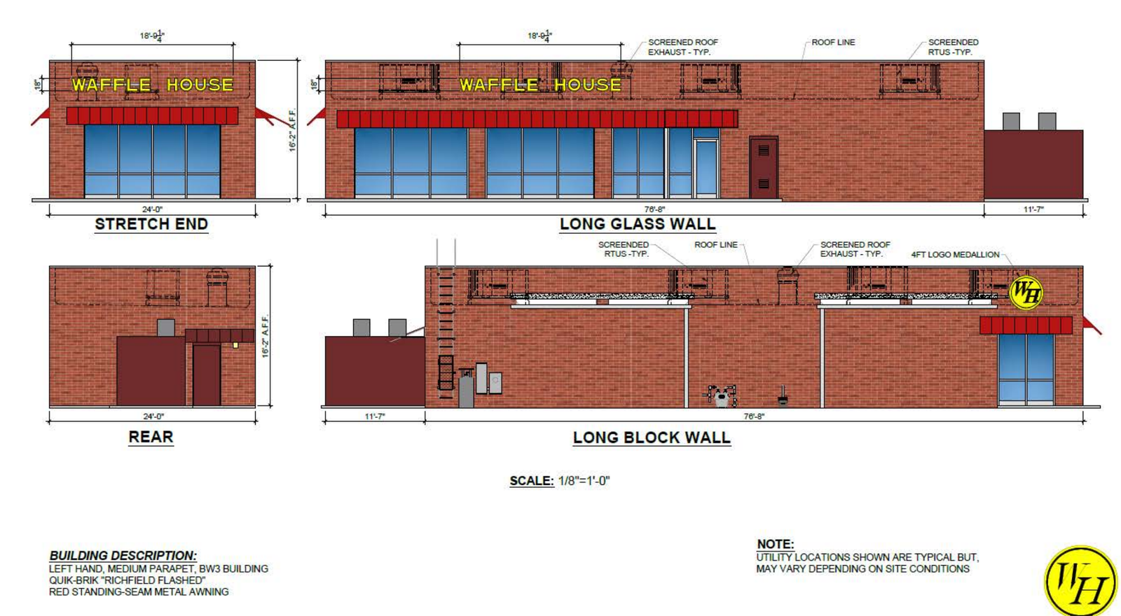 Proposed Waffle House in Kaufman elevations showing a brick facade, red awnings and large windows