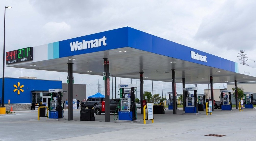 Walmart Fuel Station with vehicles fueling up.