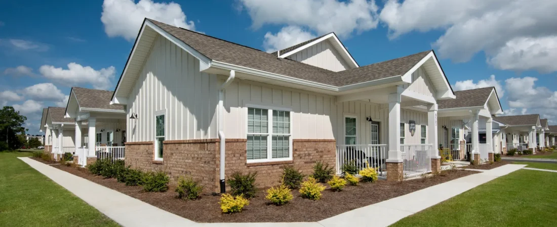 Wayfare Single-Story Apartment Exteriors Wayfare single-story apartment homes with covered porches and landscaped walkways