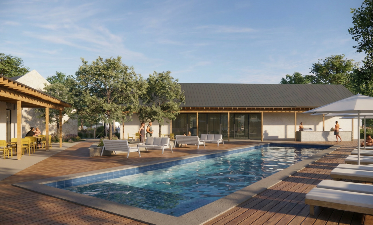 WildflowerAmenitypool Wildflower at Juniper Springs conceptual rendering showing a pool, sundeck and amenity buildings.