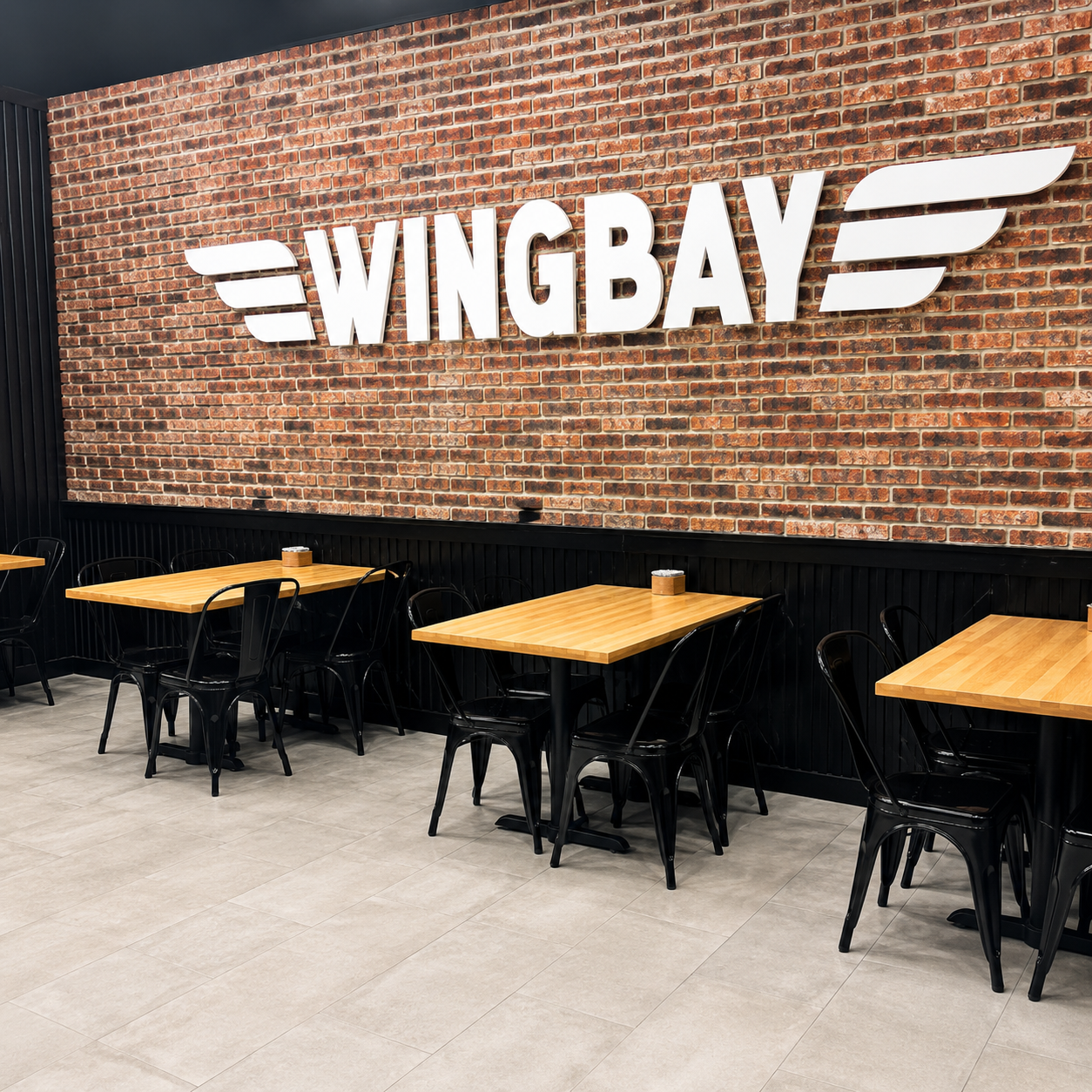 Interior of a Wingbay chicken wing restaurant