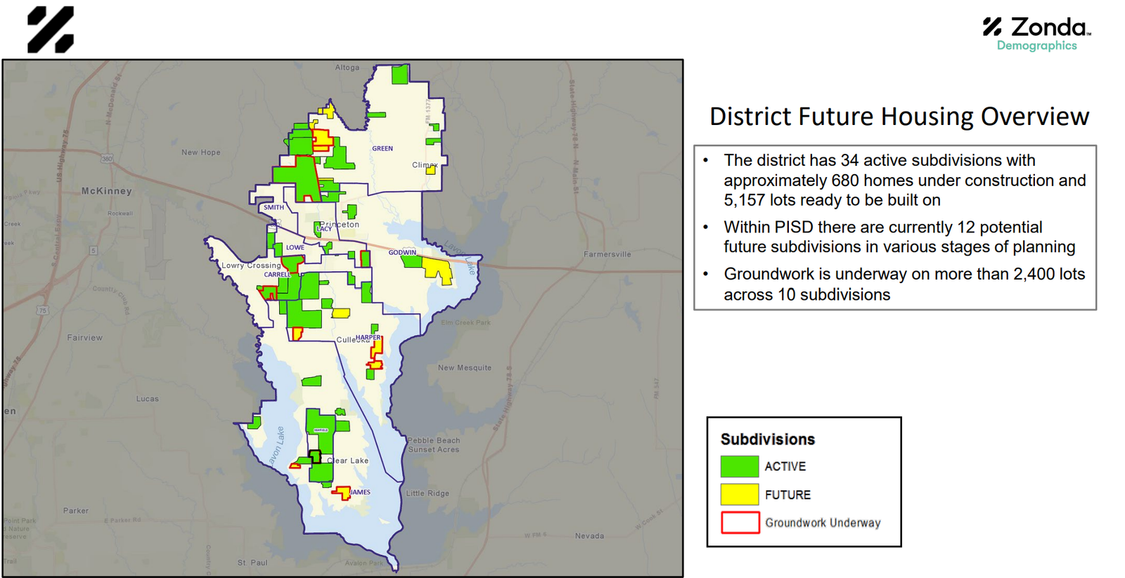 Zonda map of housing developments across Princeton ISD, showing growth context for Anthony High School in Princeton