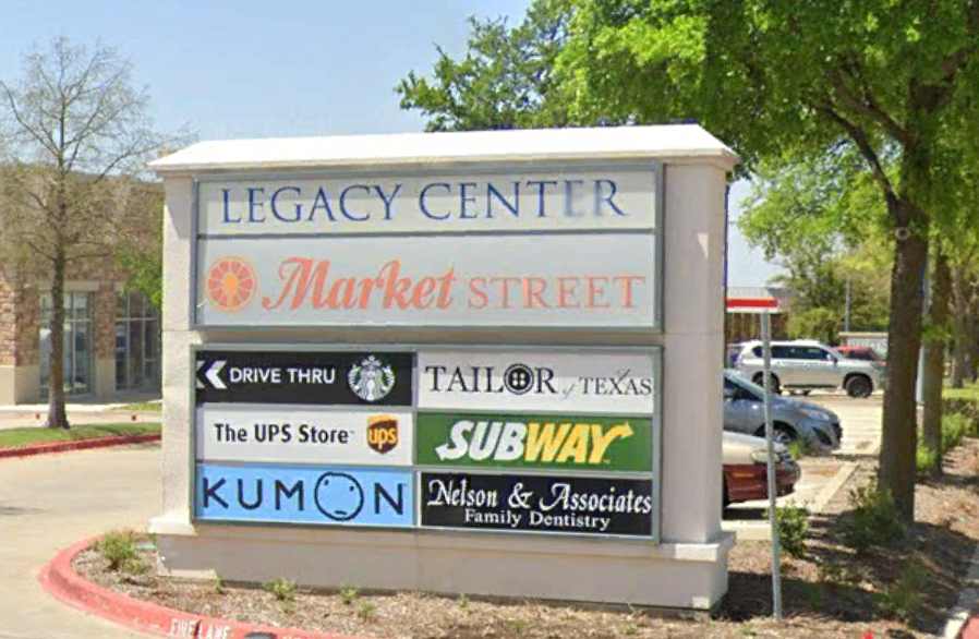 Legacy Center Frisco Monument Sign Legacy Center monument sign at the Frisco shopping center planned for Bronx Bagel