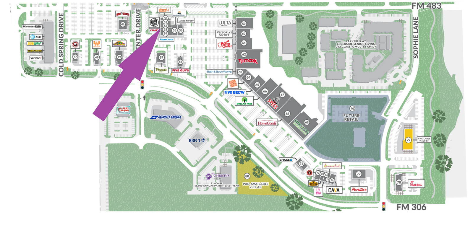 candycloudlocationnewbraunfels Town Center at Creekside site plan identifying Candy Cloud in New Braunfels