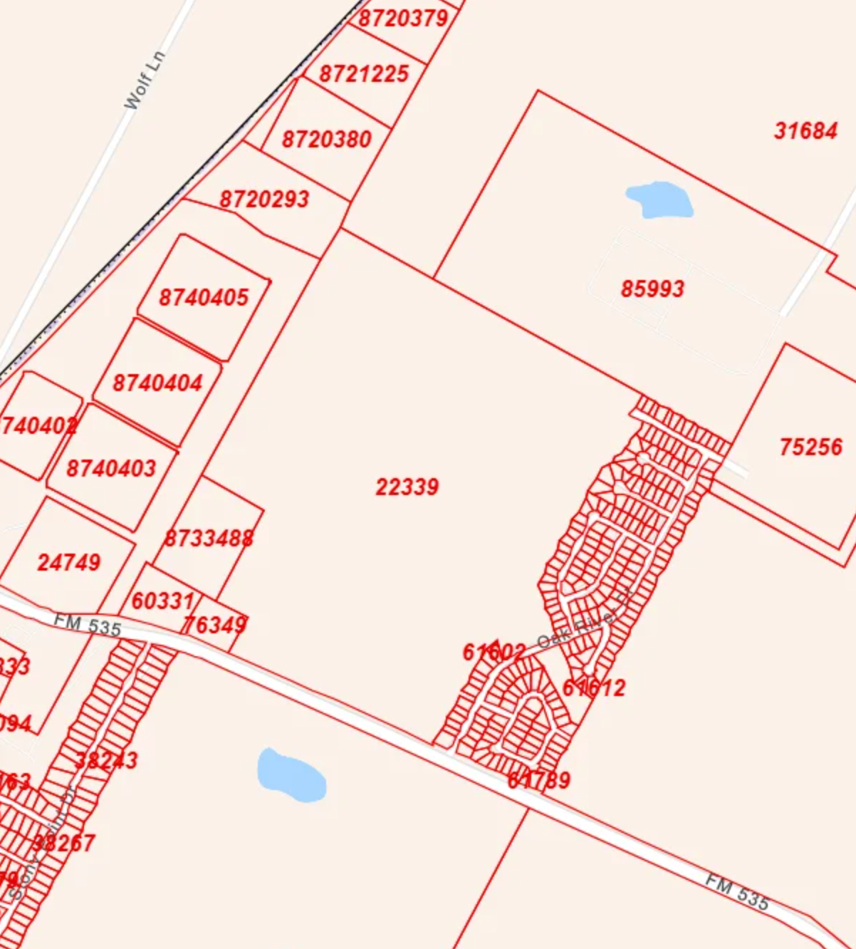Parcel map showing property 22339 along FM 535 near Wolf Lane, part of the Cedar Creek data center reporting