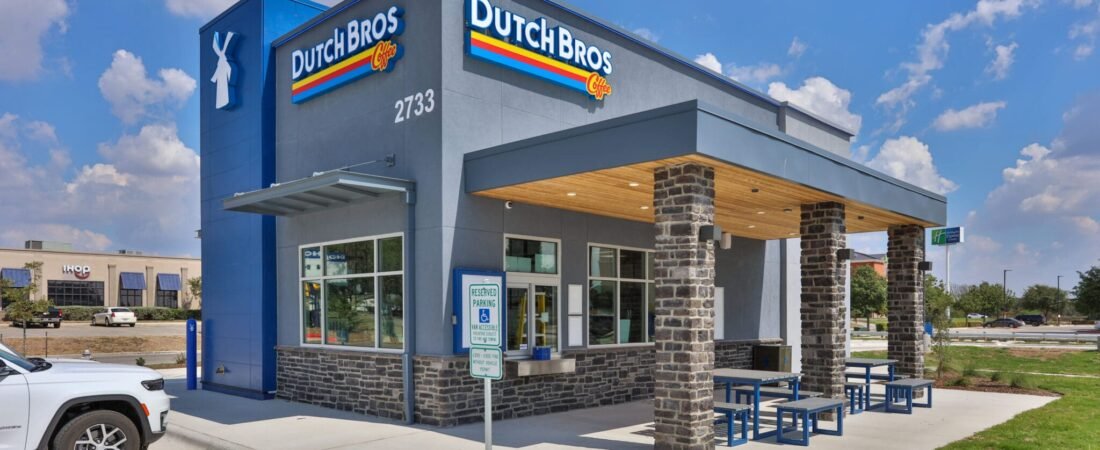 Dutch Bros Coffee Exterior Exterior of a Dutch Bros coffee shop with a covered patio
