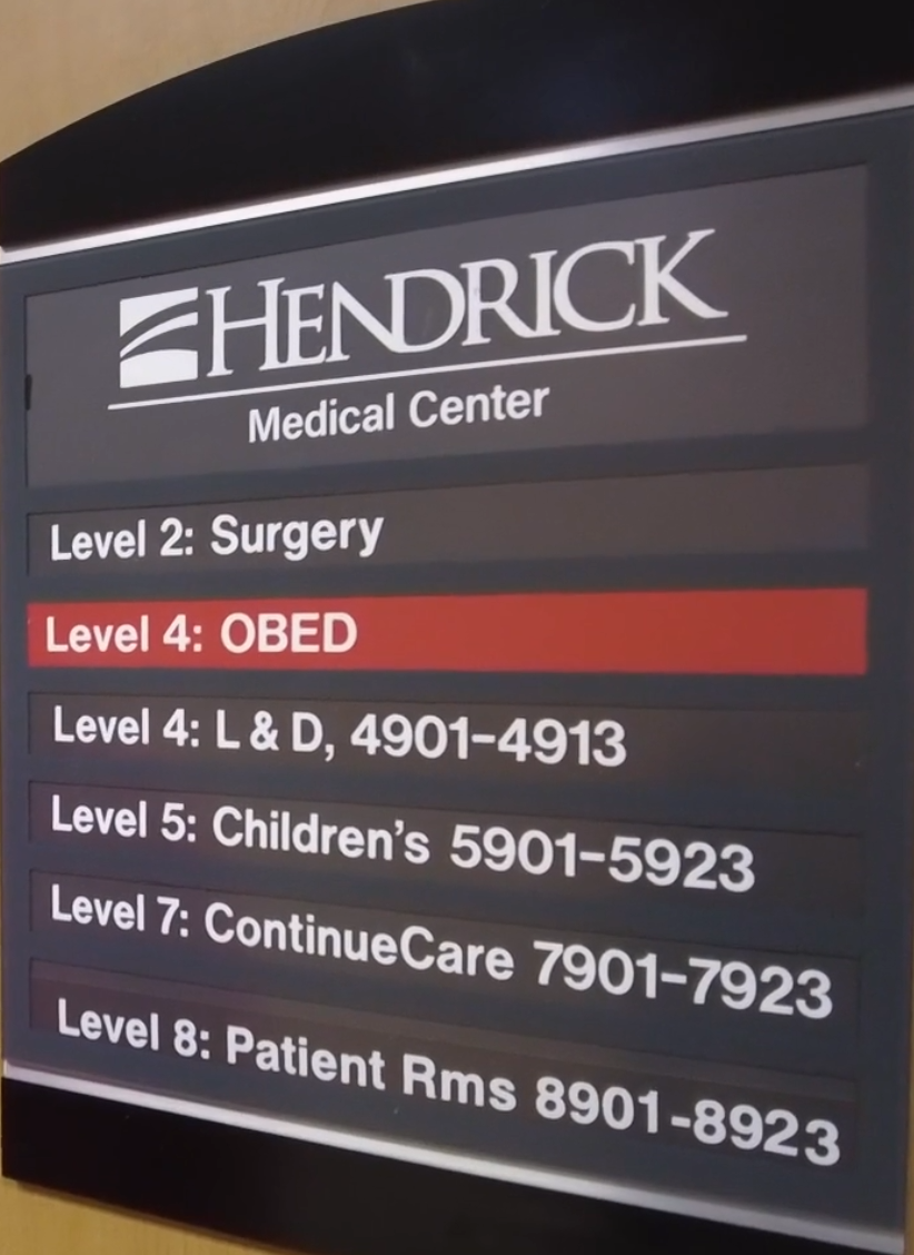 hendricksign Hendrick Medical Center directory showing OB emergency and labor and delivery on Level 4 and Children's services on Level 5
