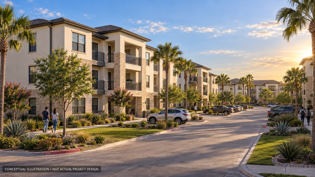 Conceptual apartment community illustration for the Sonrisa Village Apartments story in Brownsville; not the actual project design.