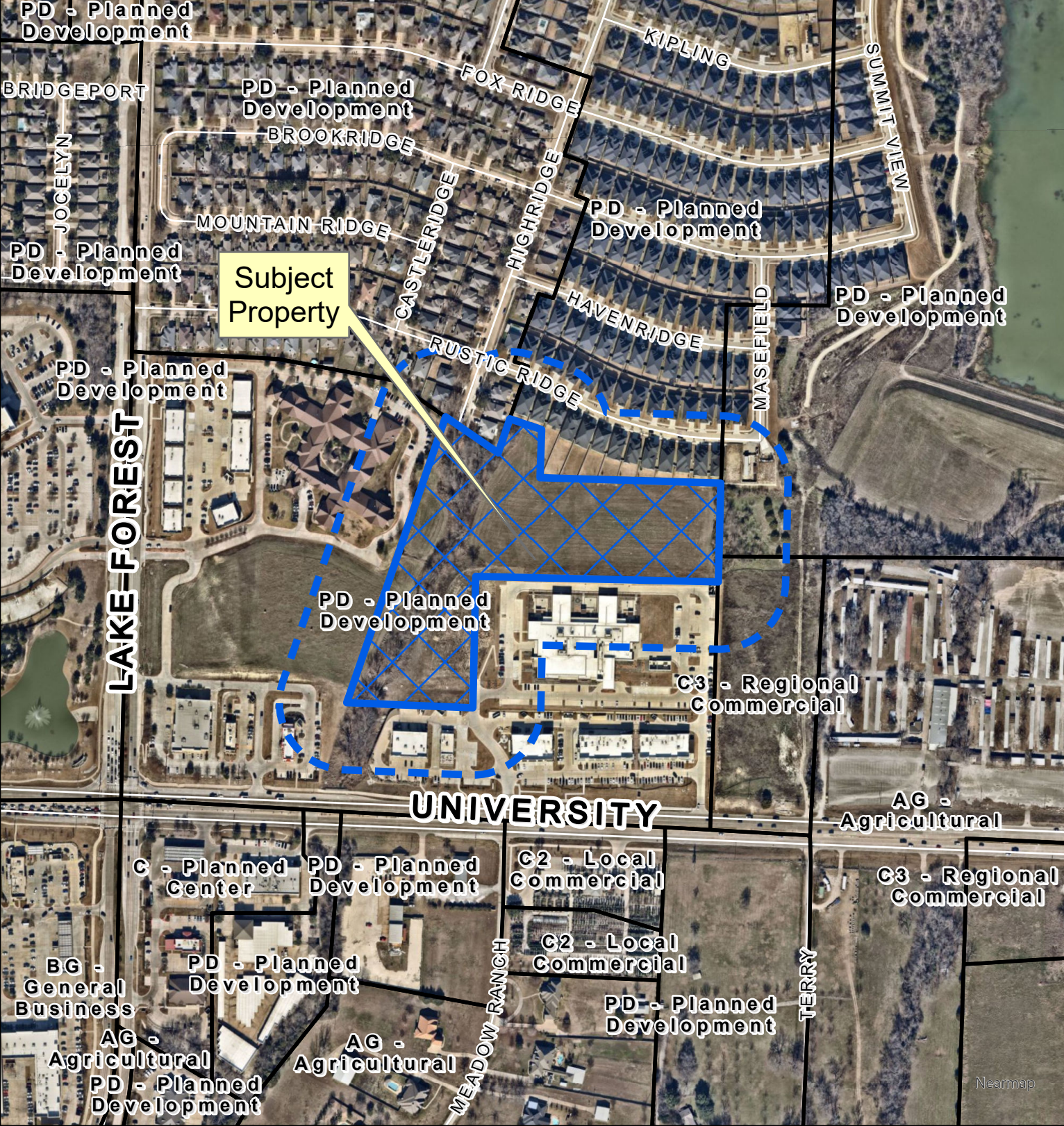 Lake Forest Senior Living site outlined east of Lake Forest Drive and north of University Drive in McKinney