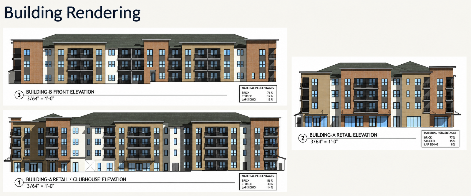 Lake Forest Senior Living building elevations showing apartments, retail and clubhouse space
