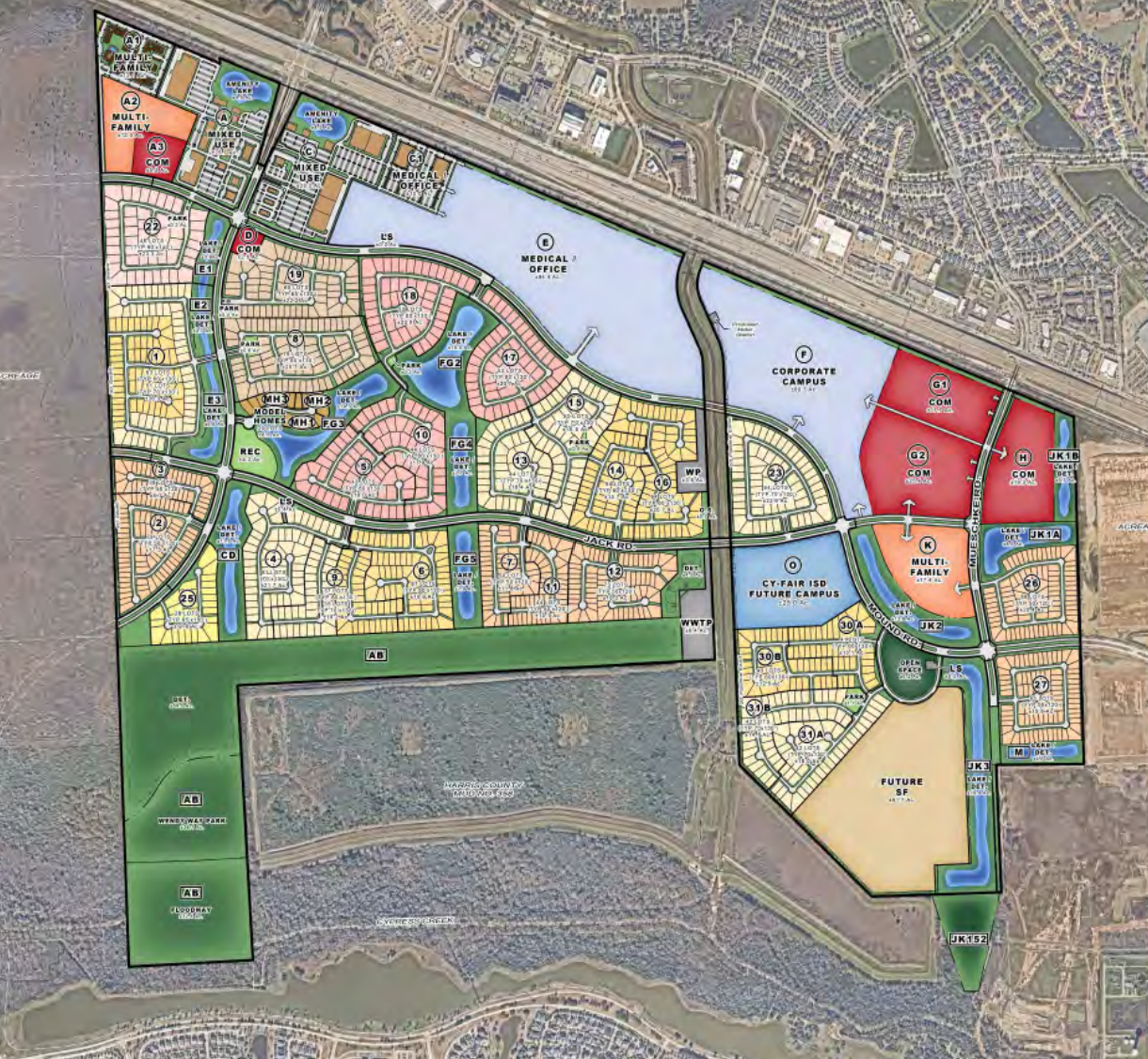 lalalandatdunampointe Dunham Pointe master plan in Cypress showing residential and commercial development