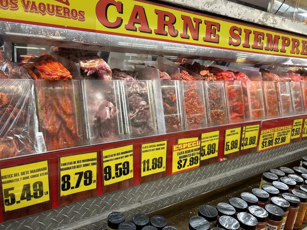Supermercado Los Vaqueros Meat Department Meat counter with marinated cuts inside Supermercado Los Vaqueros
