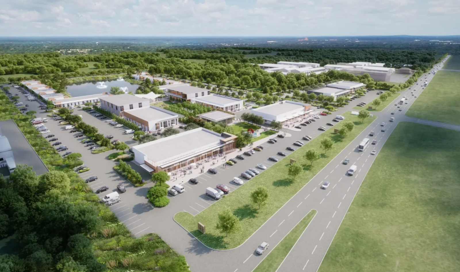 Conceptual development rendering accompanying plans for Los Cucos in Fulshear, showing retail buildings, landscaping and a lake
