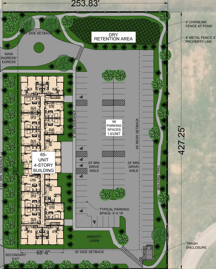 maplelofts2 Official Maple Lofts site plan showing a 65-unit four-story building, 98 parking spaces, amenity lawn and walking trail