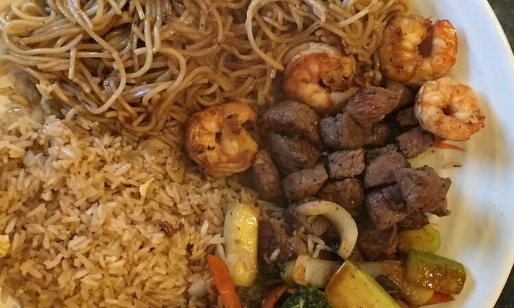 osakatexarkanafood Osaka Japanese Steakhouse Texarkana hibachi plate with steak, shrimp, vegetables, rice and noodles